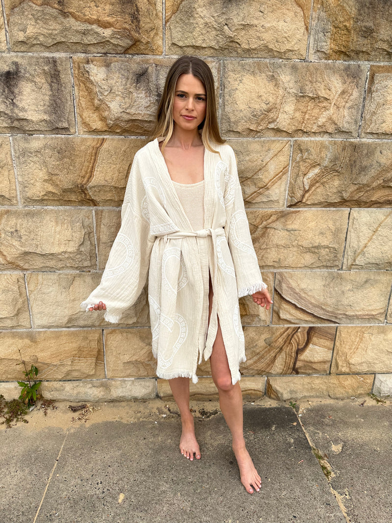 Natural Midi Robe White Heart Motif