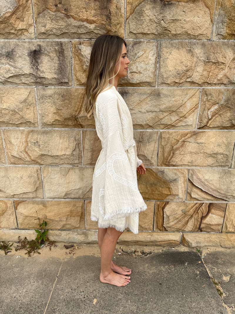 Natural Midi Robe White Heart Motif