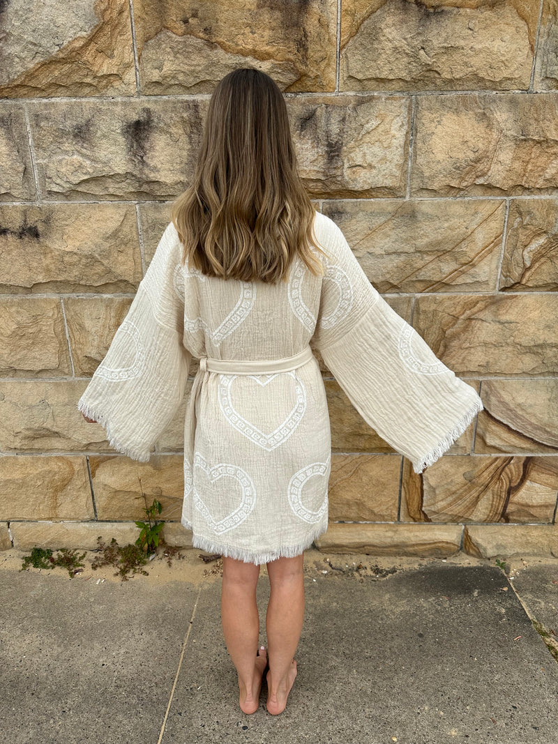 Natural Midi Robe White Heart Motif