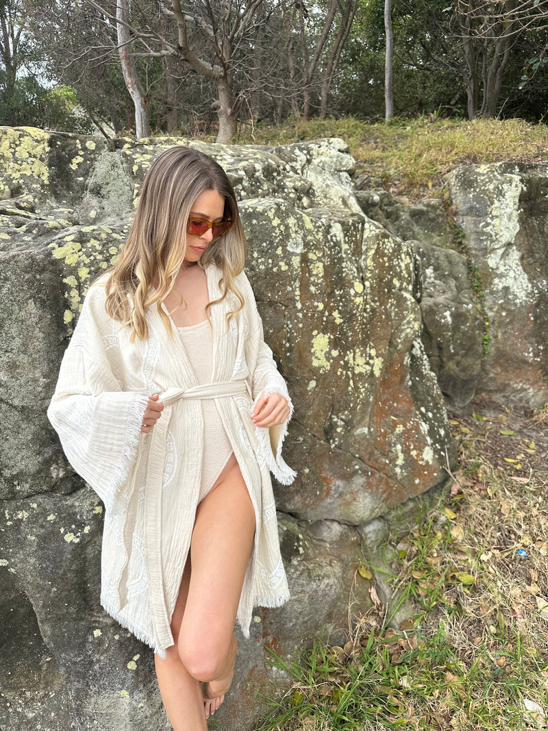 Natural Midi Robe White Heart Motif