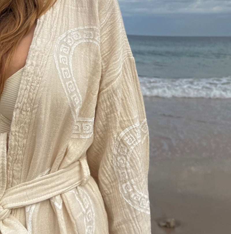 NEW Natural Midi Robe White Heart Motif