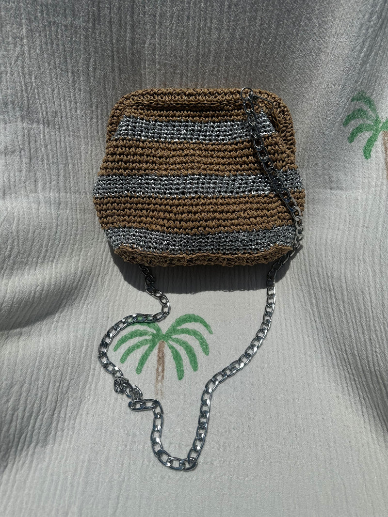 CIE CIE HANDWOVEN CLUTCH - TAN/SILVER WITH STRAP
