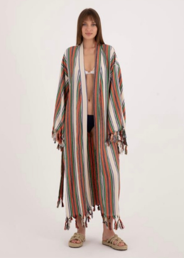 Multi Striped Tassel Linen/Cotton Robe - Pre order start October delivery
