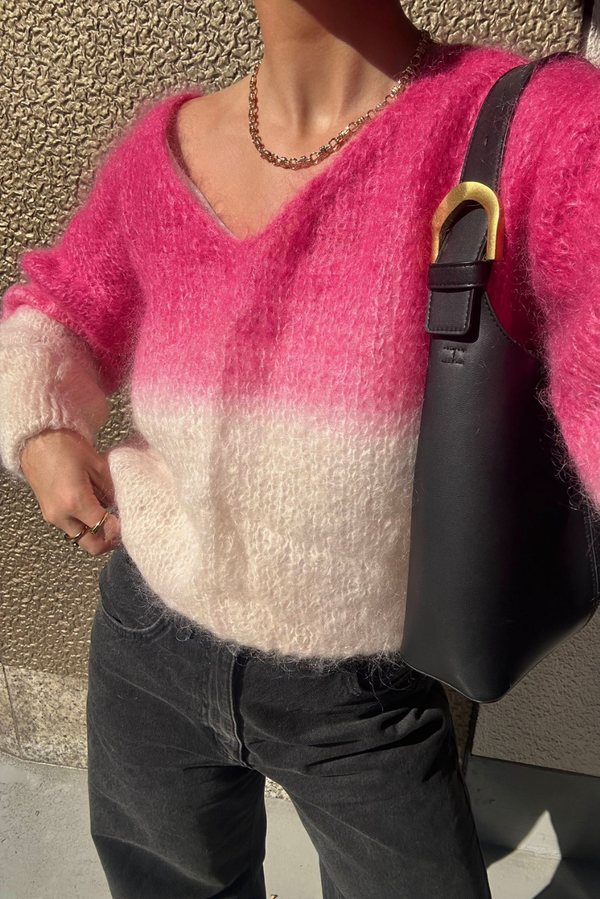 Milana Two Tone Long Sleeve Mohair Knit - Pink and White