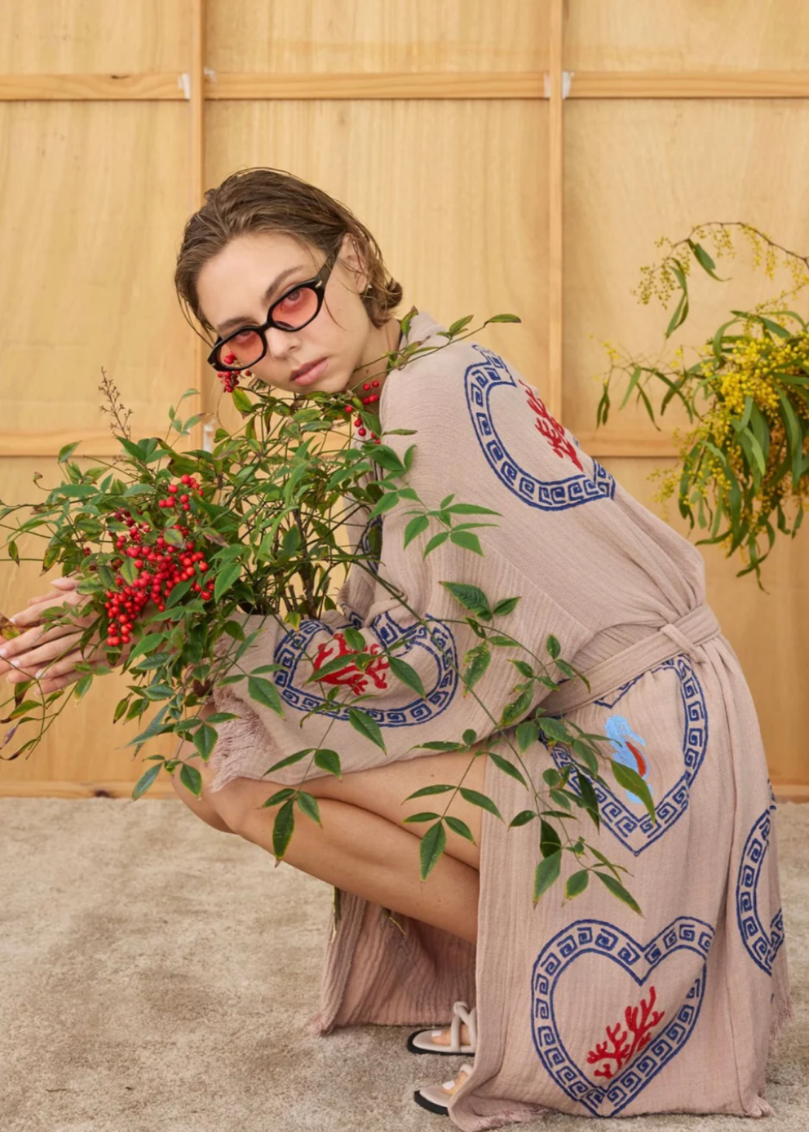 Tan Midi Robe - Seahorse/Coral Print