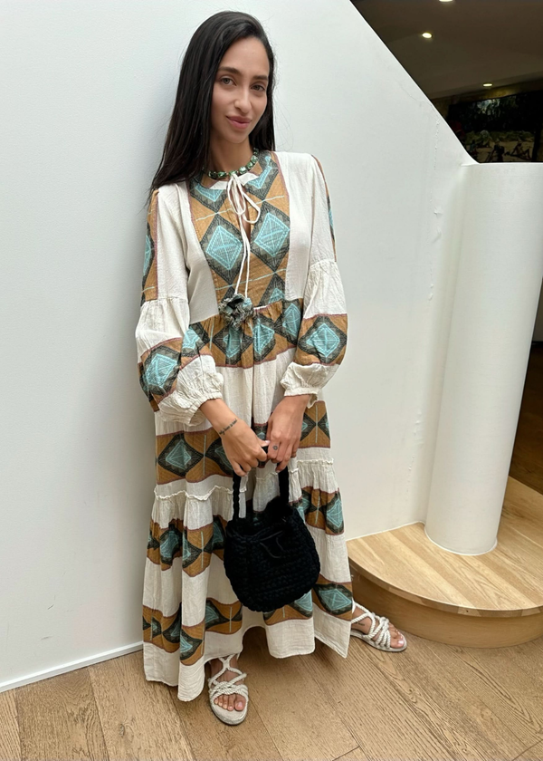 ZAKAR MAXI DRESS- KYTHOS FABRIC - WHITE/TAN/AQUA