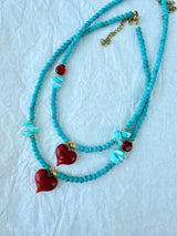 Semiprecious howlite turquoise beads necklace with red heart: Small heart - Cie Cie + Co