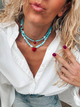 Semiprecious howlite turquoise beads necklace with red heart: Big heart - Cie Cie + Co