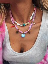 Bohemian pink bandana scarf and colorful beaded necklaces: Pink bandana - Cie Cie + Co