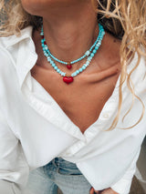 Semiprecious howlite turquoise beads necklace with red heart: Small heart - Cie Cie + Co