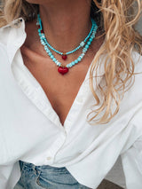 Semiprecious howlite turquoise beads necklace with red heart: Big heart - Cie Cie + Co