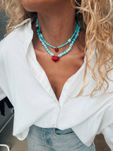 Semiprecious howlite turquoise beads necklace with red heart: Big heart - Cie Cie + Co