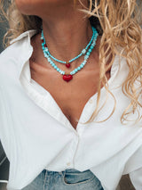 Semiprecious howlite turquoise beads necklace with red heart: Small heart - Cie Cie + Co