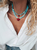 Semiprecious howlite turquoise beads necklace with red heart: Big heart - Cie Cie + Co