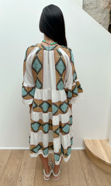 ZAKAR MIDI DRESS- KYTHOS FABRIC - WHITE/TAN/AQUA