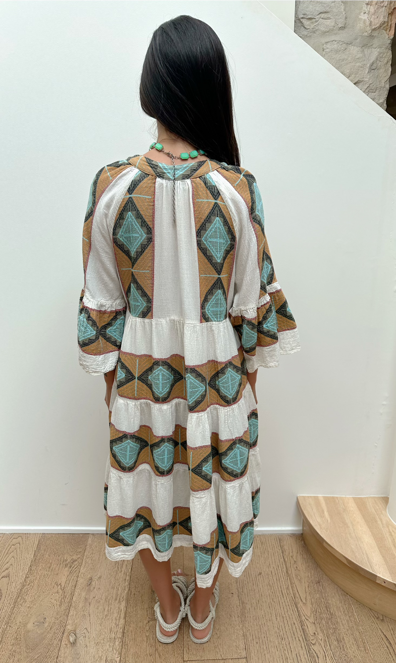 ZAKAR MIDI DRESS- KYTHOS FABRIC - WHITE/TAN/AQUA