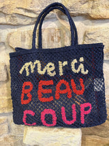 Large Jute Bag - Merci Beau Coup- Indigo, Red, Pink