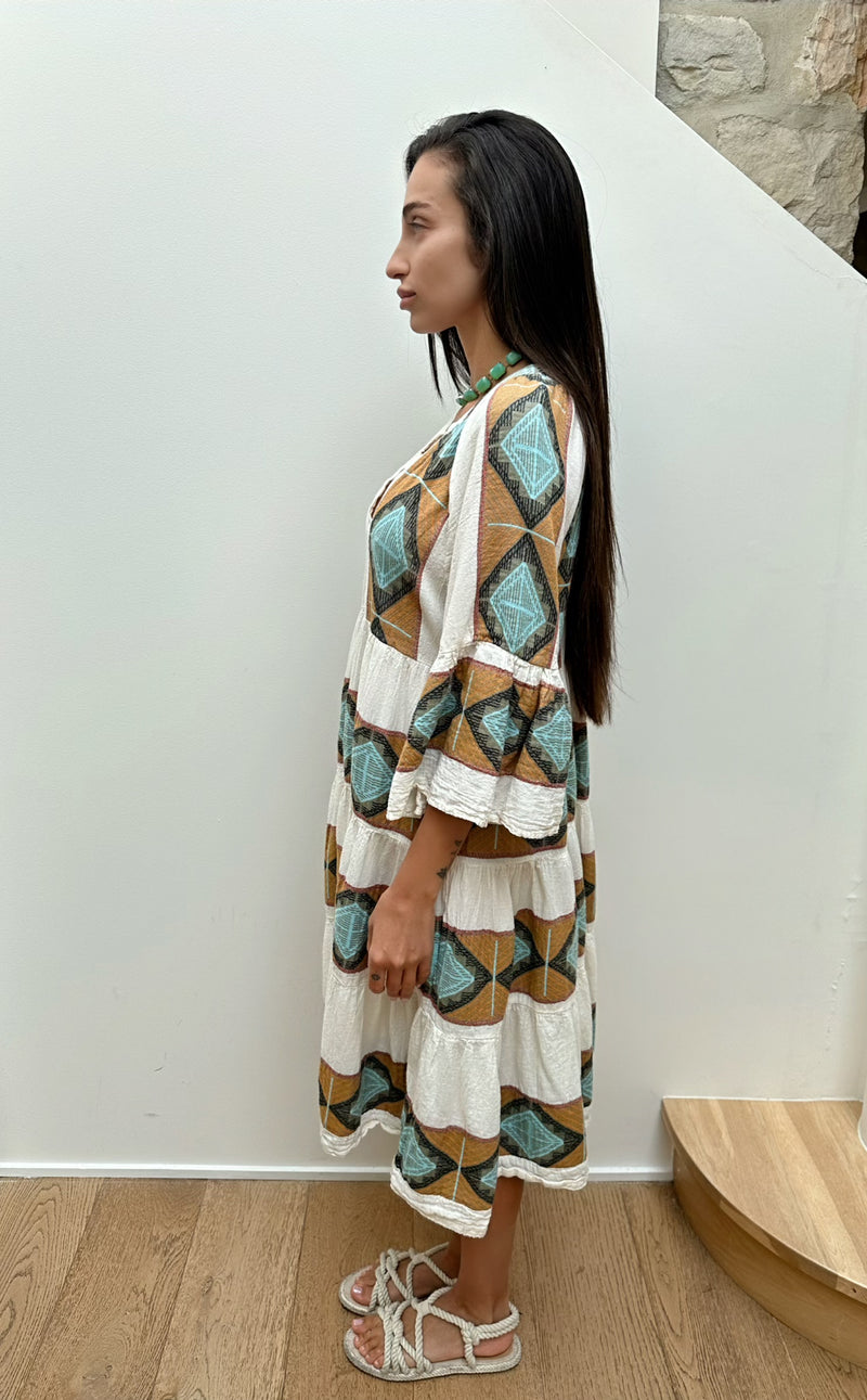 ZAKAR MIDI DRESS- KYTHOS FABRIC - WHITE/TAN/AQUA