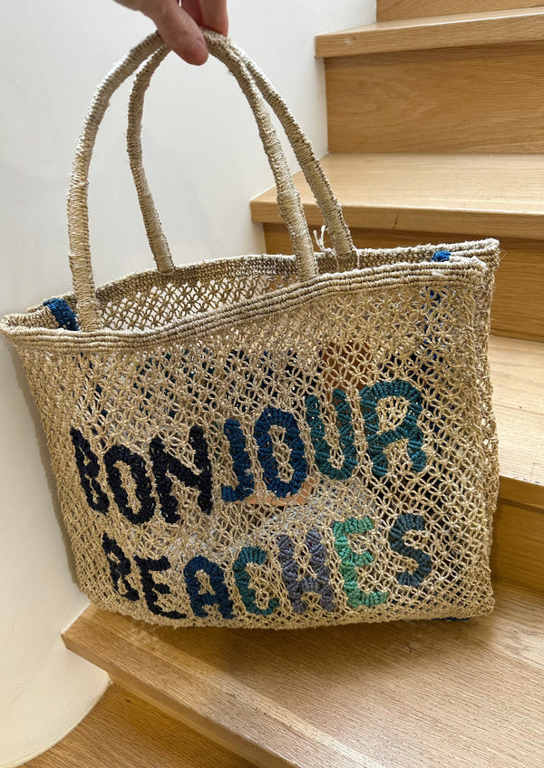 Large Jute Bag - Bonjour Beaches - Natural & Blues