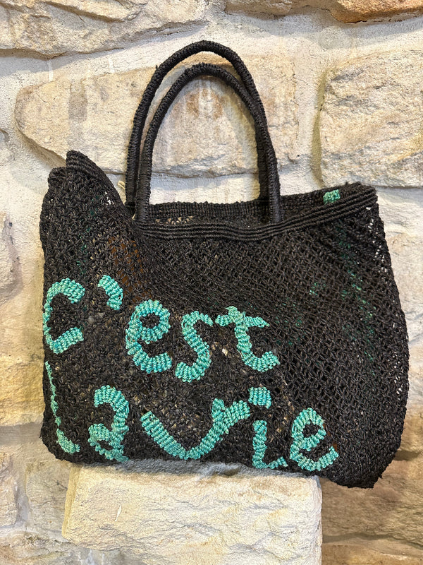 Large Jute Bag - Cest La Vie - Black and Aqua