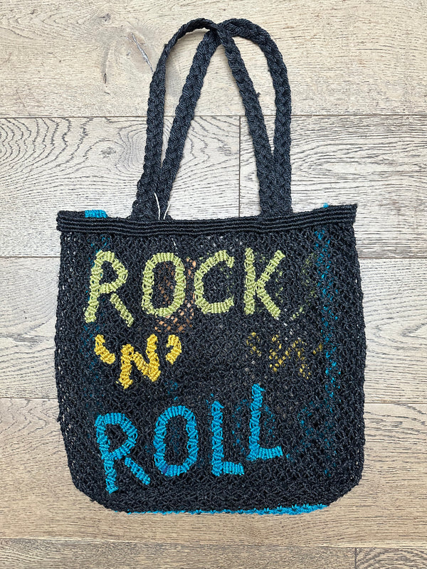 Large Jute Bag - Rock 'n Roll- Black, Cobalt, Fern