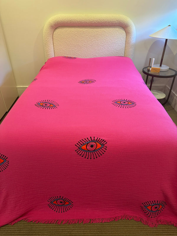 Pink Organic Cotton Evil Eye Bed Throw