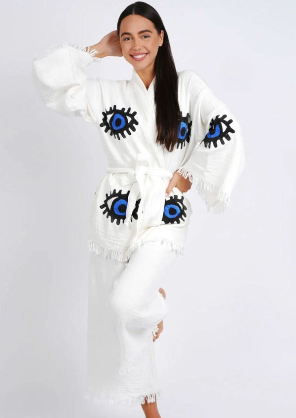 Blue Cotton Evil Eye Short Robe and Pant Set - Cie Cie + Co
