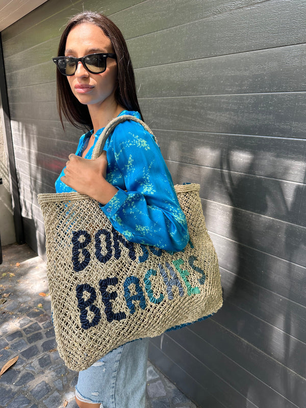 Large Jute Bag - Bonjour Beaches - Natural & Blues