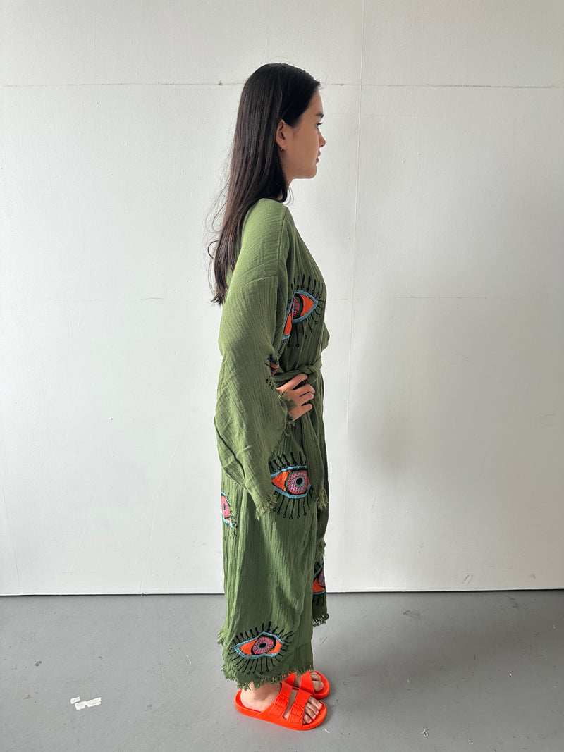 Khaki Cotton Green Evil Eye Robe