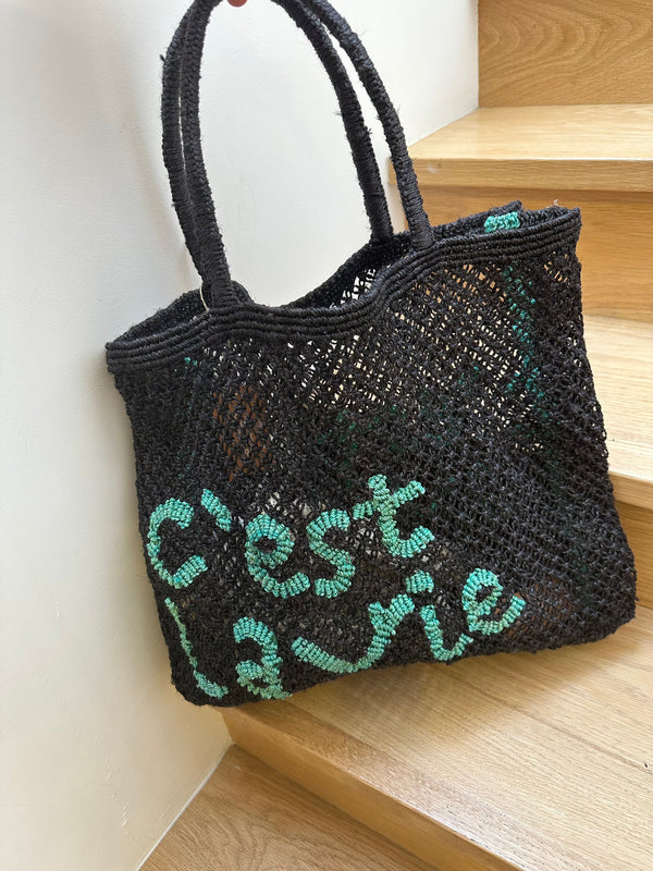 Large Jute Bag - Cest La Vie - Black and Aqua