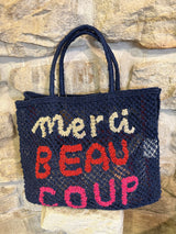 Large Jute Bag - Merci Beau Coup- Indigo, Red, Pink