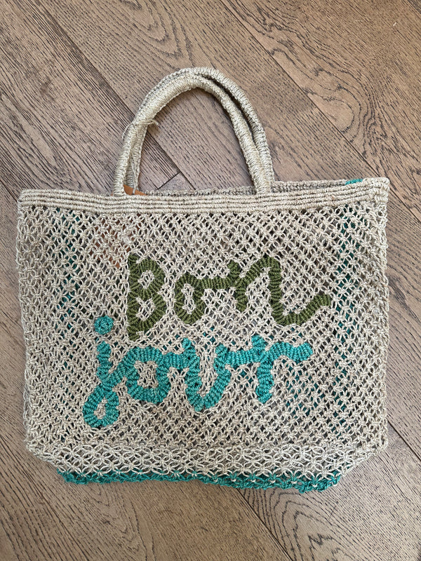 Small Jute Bag - Bonjour - Natural with Fern and Aqua