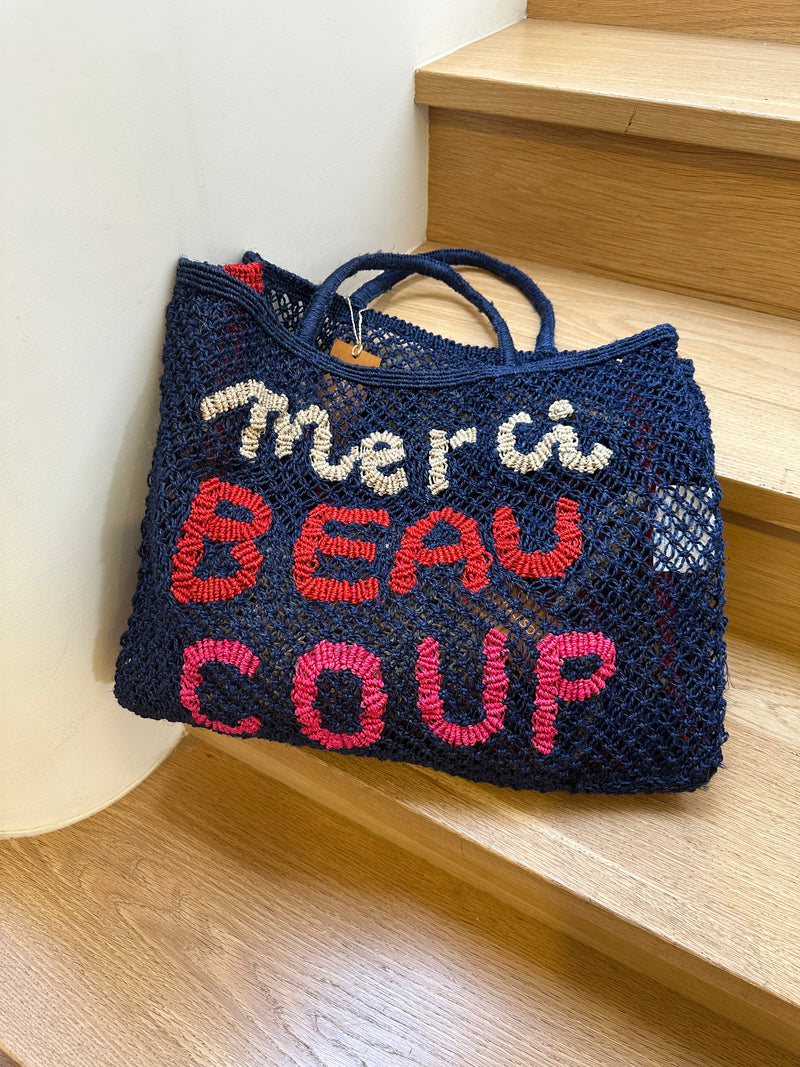 Large Jute Bag - Merci Beau Coup- Indigo, Red, Pink