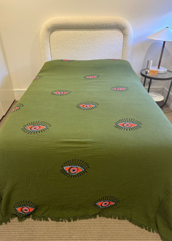 Khaki Organic Cotton Evil Eye Bed Throw