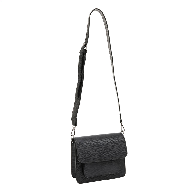 Black textured crossbody bag front with strap length