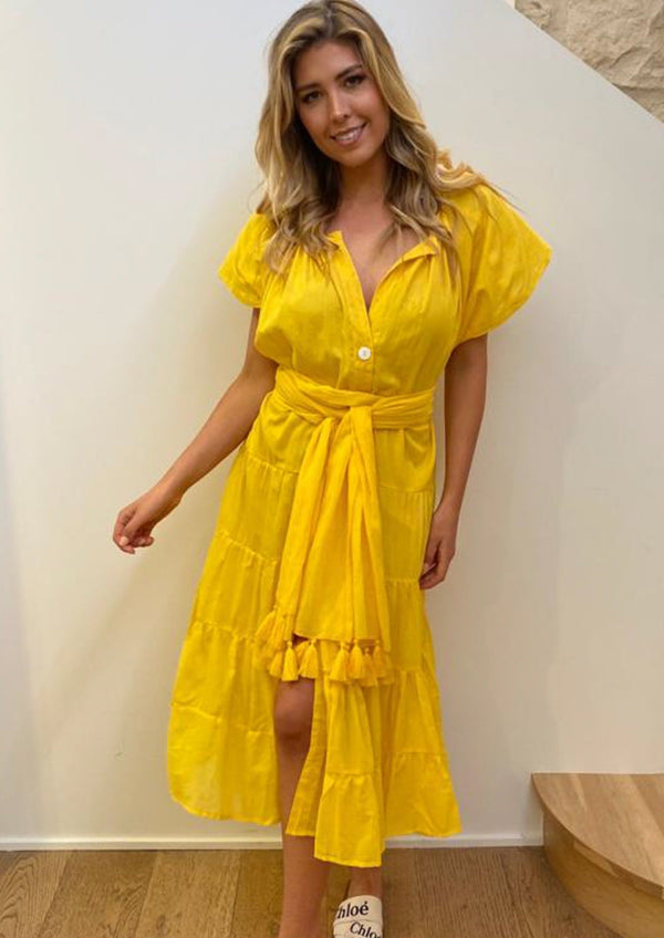 Yellow midi dress short sleeve with tassel belt front