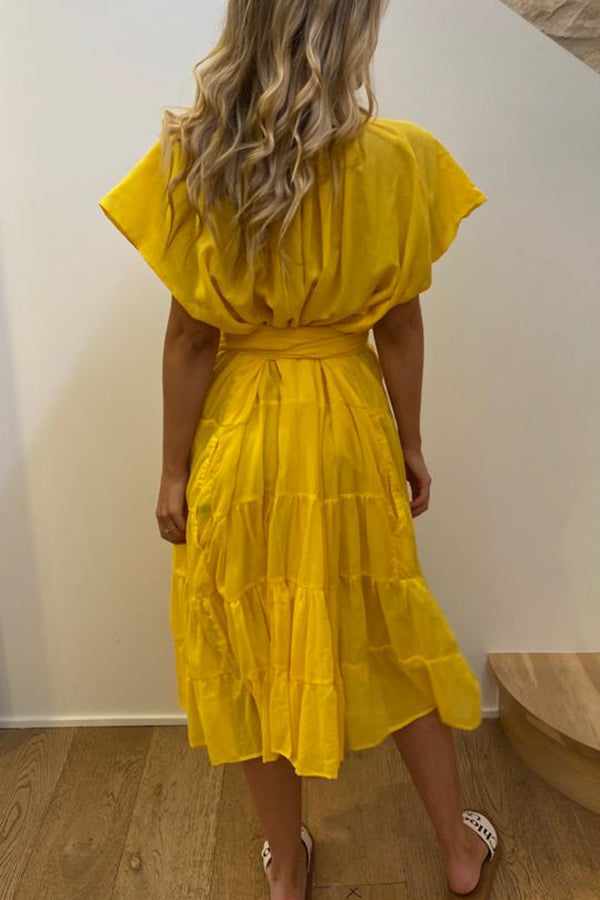 Yellow midi dress short sleeve with tassel belt back