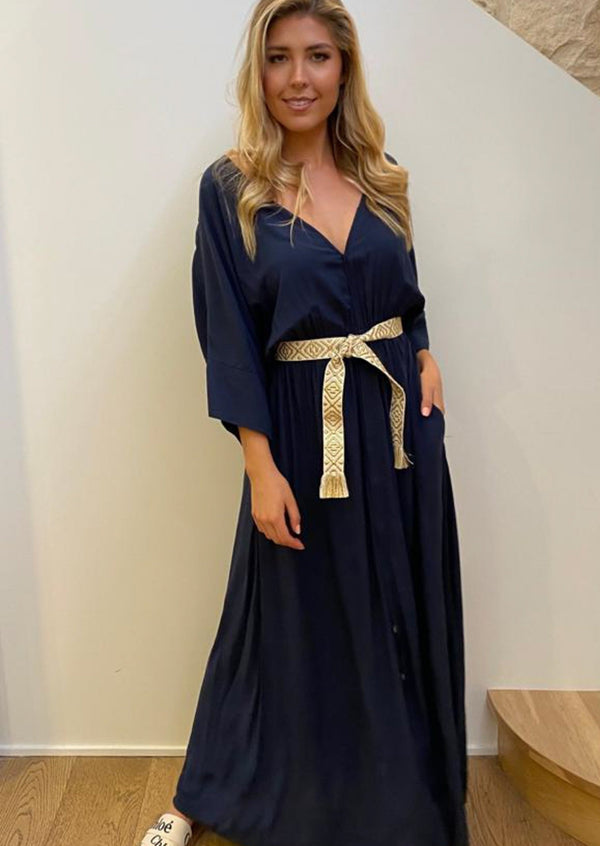 Deep v-neck maxi dress in Navy Blue styled with woven belt front wide