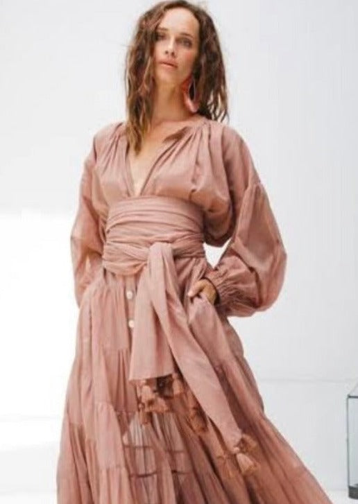 Dusty Rose Maxi Dress with Tassel Belt front campaign