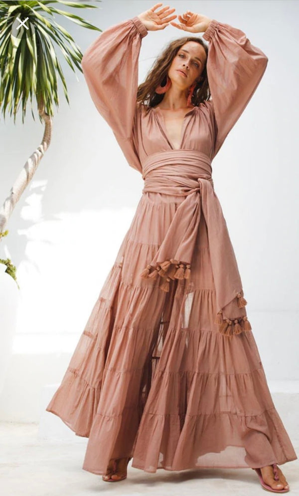 Dusty Rose Maxi Dress with Tassel Belt front campaign wide