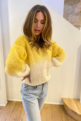 Two Tone Long Sleeve Mohair Knit Yellow and White styled with denim front side close