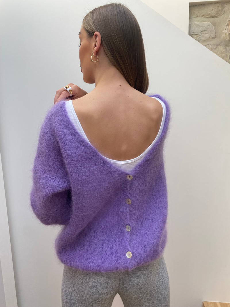 Lilac Mohair Cardigan with mother of pearl buttons worn backwards