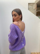 Lilac Mohair Cardigan with mother of pearl buttons worn backwards side