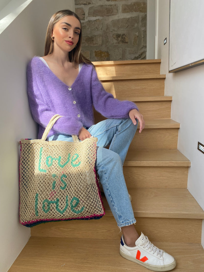 Lilac Mohair Cardigan with mother of pearl buttons front styled wide