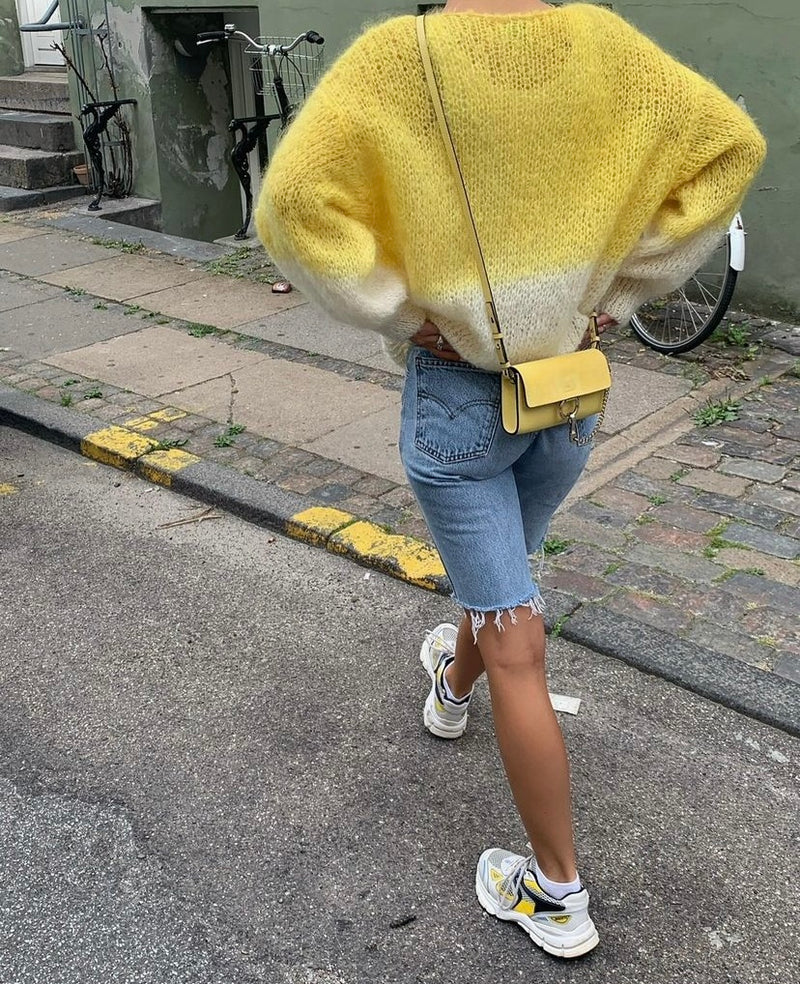 Two Tone Long Sleeve Mohair Knit Yellow and White mid styled with denim shorts back influencer