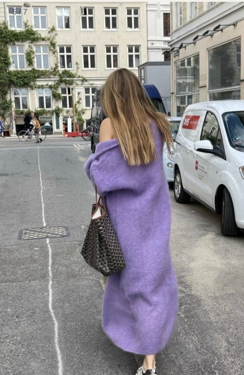 Purple Mohair Long Cardigan styled knitwear back 2