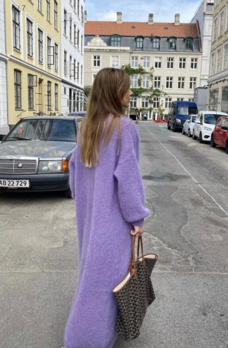 Purple Mohair Long Cardigan styled knitwear back