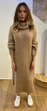 Brown knitted roll neck oversized midi long sleeve dress front on its own