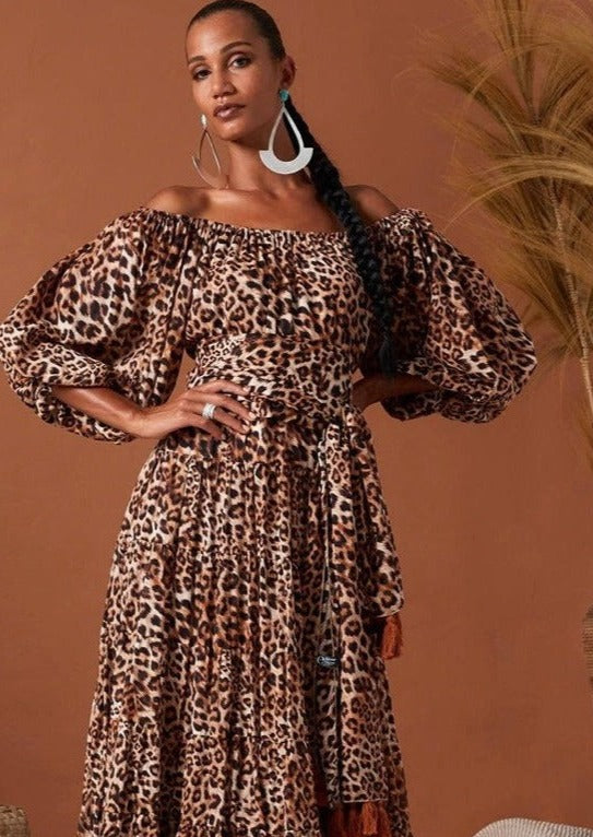 Leopard off-shoulder maxi dress with tie belt