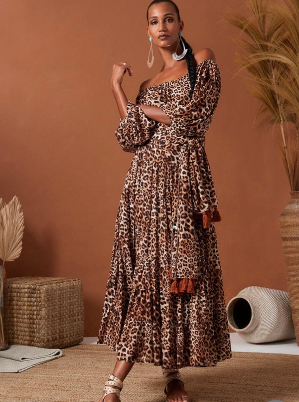 Leopard off-shoulder maxi dress with tie belt front